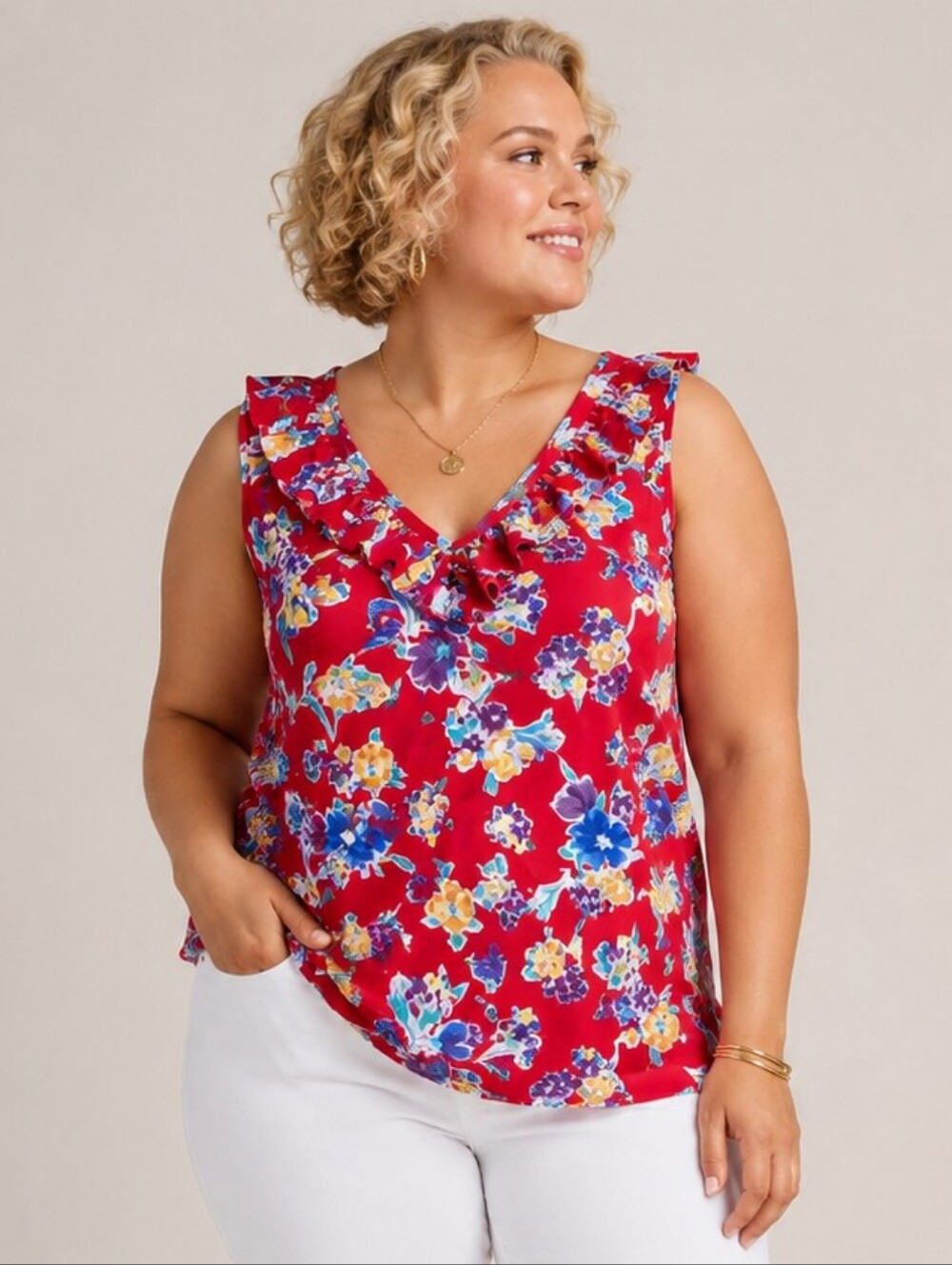 Chaps 100% Cotton Plus Size 2x: Floral Ruffle V-Neck Camisole - Red